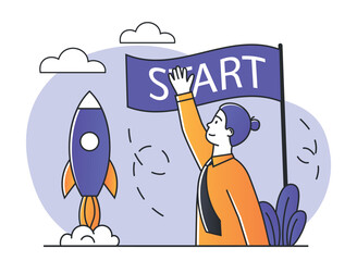 Poster - Concept of start up. Girl launches rocket, talented entrepreneur. Business and financial literacy, idea, insight and creative personality. Successful businesswoman. Cartoon flat vector illustration