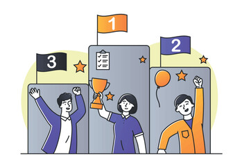 Poster - set of winners. characters on imaginary pedestal, talented and hardworking employees. motivation and