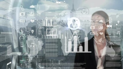 Poster - Animation of data processing over caucasian businesswoman touching invisible screen