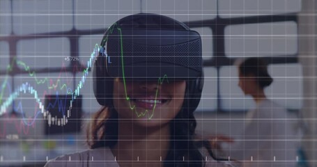 Poster - animation of financial data processing over biracial woman wearing vr headset at office