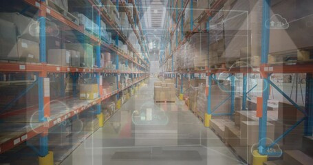 Poster - Animation of multiple arrow icons and clouds with increasing percentage against empty warehouse