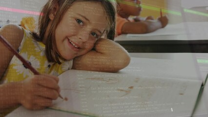 Poster - Animation of data processing over portrait of caucasian girl studying in the class at school