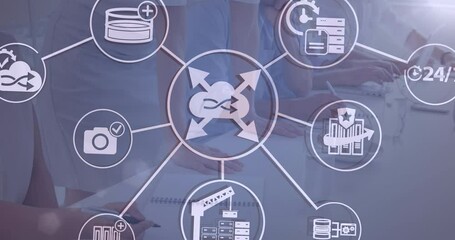 Poster - Animation of network of digital icons over mid section of colleagues working at office