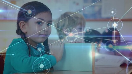 Poster - Animation of network of connections over portrait of caucasian girl studying in the class at school