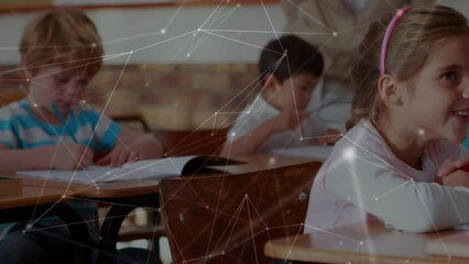 Poster - Animation of network of connections over two caucasian girls studying in the class at school