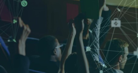 Poster - Animation of globe of digital icons over businesspeople raising hands in business conference