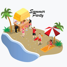 Beach Bar With Happy People At Beach Isometric 3d Vector Illustration Concept For Banner, Website, Illustration, Landing Page, Flyer, Etc.
