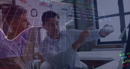 Poster - Animation of stock market data processing over two diverse male engineers discussing over car model