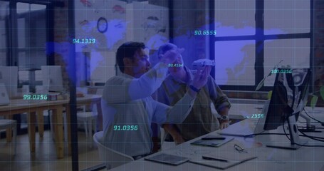 Poster - Animation of numbers over world map against two diverse male engineers discussing over a car model