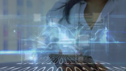 Poster - Animation of binary coding over mid section of female doctor using digital tablet at hospital