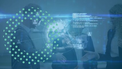 Poster - Animation of abstract shape, globe and data processing over businesspeople shaking hands