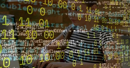 Poster - Animation of binary coding and data processing against caucasian girl using computer at school
