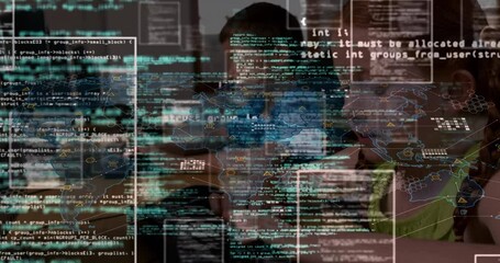 Poster - Animation of data processing over world map against caucasian girl using computer at school