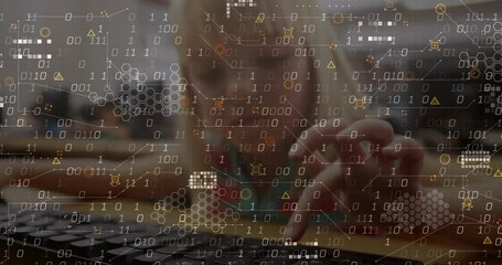 Poster - Animation of data processing and abstract shapes against caucasian girl using computer at school