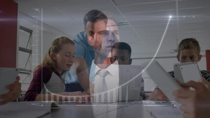 Poster - Animation of businessman touching futuristic screen against male teacher and students using computer