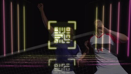Poster - Animation of neon qr code over two diverse male soccer players playing soccer on black background