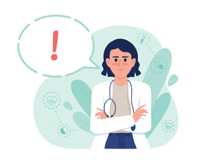 Poster - Doctor and exclamation mark 2D vector isolated illustration. Awareness flat character on cartoon background. Colourful editable scene for mobile, website, presentation. Pacifico Regular font used