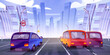 Cars driving at highway rear view on cityscape background with skyscraper buildings. Modern automobiles riding to megalopolis along asphalted road with fencing, signs, lamps Cartoon vector