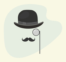 Retro Poster Of A Detective In A Pince-nez Mustache In A Hat. Gentleman, Father, Dad Icon In Vintage Style. Vector Flat Illustration.