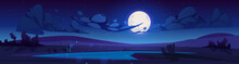 Night Lake Landscape Cartoon Vector Illustration. Mysterious Big Moon And Many Stars Shining Bright In Cloudy Dark Sky Over Moonlit Calm Water Surface. Summer Midnight Scene. Spooky Atmosphere