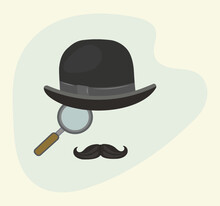 Retro Poster Of Detective Or Father, Dad With Magnifying Glass, Mustache In Bowler Hat. Gentleman Icon In Vintage Style. Vector Flat Illustration.