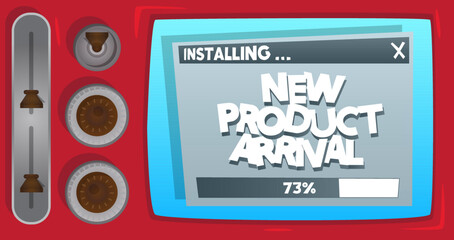 Poster - Cartoon Computer With the word New Product Arrival. Message of a screen displaying an installation window.