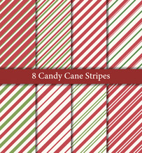 Set Of 8 Christmas Stripes Seamless Patterns In Traditional Red And Green Colors. Diagonal Stripes, Candy Cane Stripes.