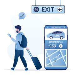 Male tourist books taxi through mobile application. Car call, carsharing service on smartphone screen. Passenger at exit of airport or station. Modern technology, transport app.