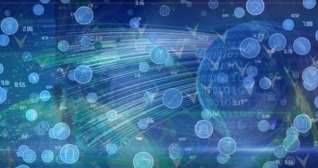 Poster - animation of network of digital icons and data processing against light trails and globe