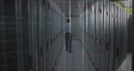Aufkleber - Animation of cyber security data processing against male engineer walking in server room