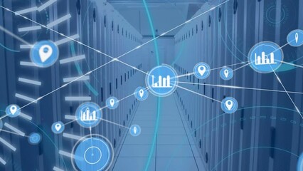 Poster - Animation of network of digital icons over 5g text and round scanners against computer server room