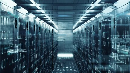 Animation of data processing and binary coding against computer server room