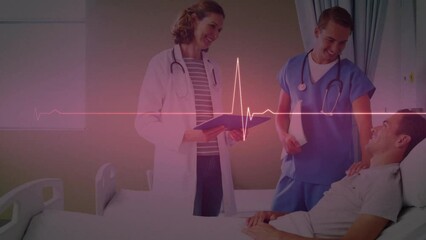 Wall Mural - Animation of heart rate monitor over female doctor and male health worker talking to male patient