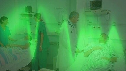 Wall Mural - Animation of heart rate monitor over caucasian male doctor talking on male patient at hospital