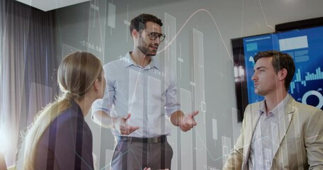 Canvas Print - Animation of statistical data processing over diverse colleagues discussing together at office