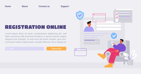 Poster - Online registration and sign up landing page. Man signing up to internet account with user interface, character insert personal information, secure login and password, Line art flat vector web banner