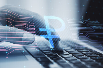 Poster - Close up of businessman hands using laptop computer with creative glowing Russian ruble circuit hologram on blurry background. Digital money and online banking concept. Double exposure.