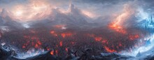 Fantasy Medieval Battle Of The Warriors Of Good And Evil. Battlefield Is On Fire, Deadly Battle Of Ice And Flame. 3d Illustration