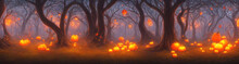 Halloween Pumpkins Are Lying In The Forest Under The Trees. Panorama Of A Fabulous Forest On The Eve Of Halloween. 3d Illustration