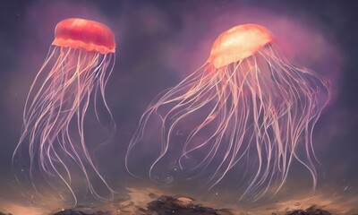 Wall Mural - Glowing jellyfish swim deep in blue sea. Medusa neon jellyfish fantasy water, long filaments of cnidocytes. 3d illustration