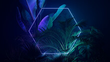 Tropical Plants Illuminated With Purple And Green Fluorescent Light. Jungle Environment With Hexagon Shaped Neon Frame.