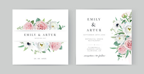 Watercolor vector wedding invite card set. Elegant floral editable template. British garden blush pink rose flowers, white anemone, lisanthus, green leaves, eucalyptus seeds decorative bouquet, border