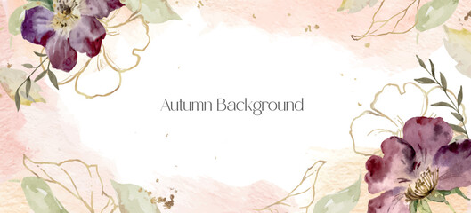 Wall Mural - watercolor vector floral background with purple flowers, branches and golden .leaves.
