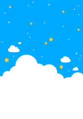 Sky with clouds, stars. White and blue background. Romantic kawaii design. Cute sky graphic. Cloudscape