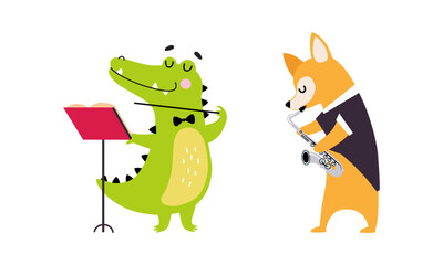 Poster - Set of cute animals playing music set. Cute crocodile conductor. Fox playing saxophone cartoon vector illustration