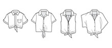 Womens Blouse Flat Sketch Vector Illustration Front Tie Knot Shirt Blouse Technical Cad Drawing.