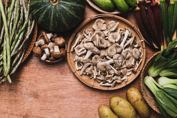 Wall Mural - Fresh organic vegetables and edible mushroom from local farmer market, Northern of Thailand, Sustainability concept