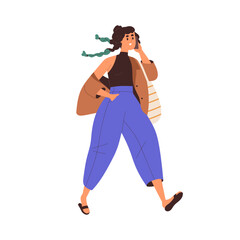 Aufkleber - Girl going, talking on mobile phone. Young happy woman speaking on smartphone outdoor. Modern person walking outdoor, calling with cellphone. Flat vector illustration isolated on white background
