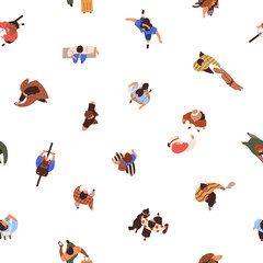 Fototapete - Seamless pattern of people walking top above view. Background with city crowd going, repeating print. Many modern characters outdoors overhead, texture design. Colored flat graphic vector illustration
