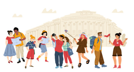 tourists travel, excursion with guide. people group with backpacks, map and photo cameras traveling,